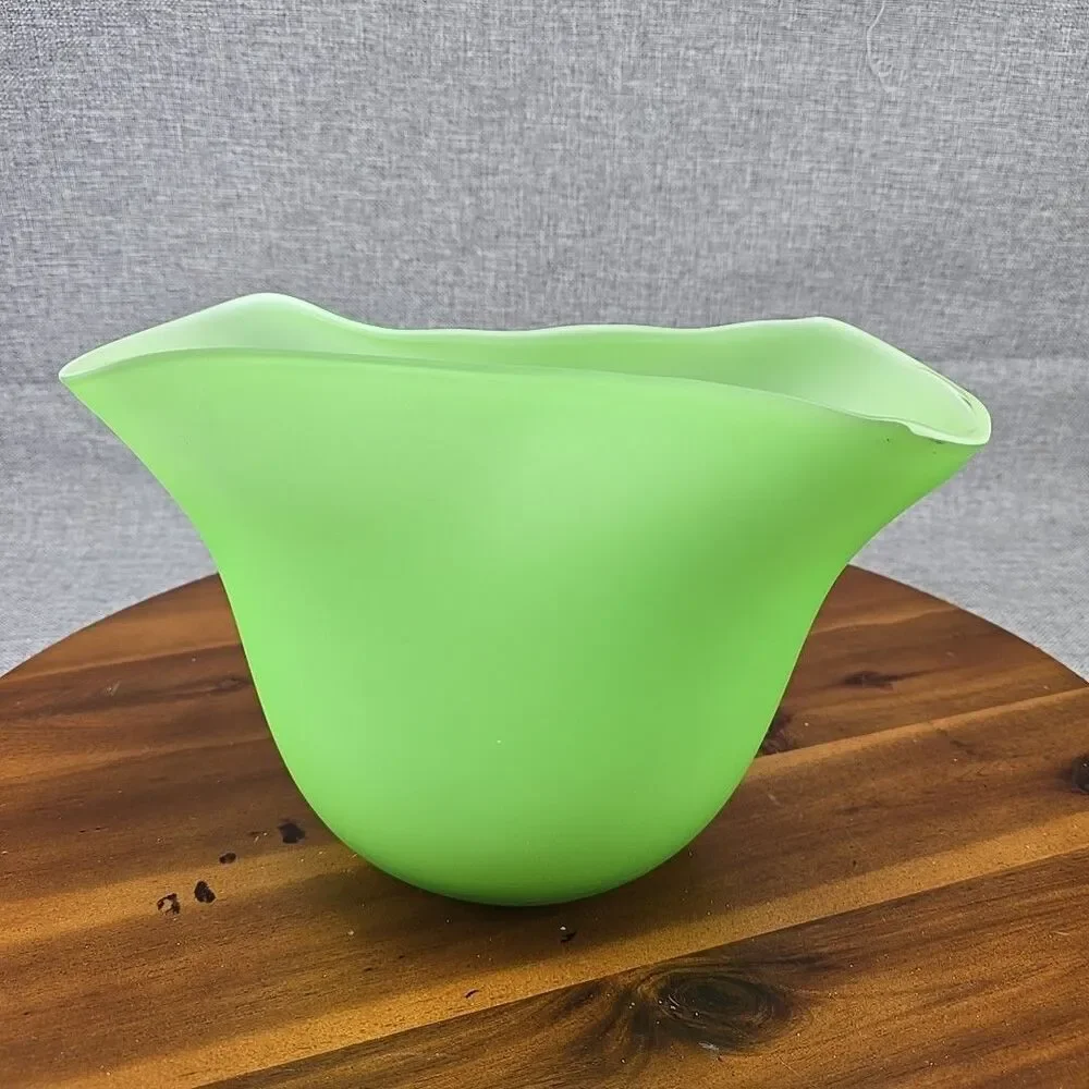 Pottery Barn Frosted Green glass fan vase 7.5”‎ large Abstract Modern